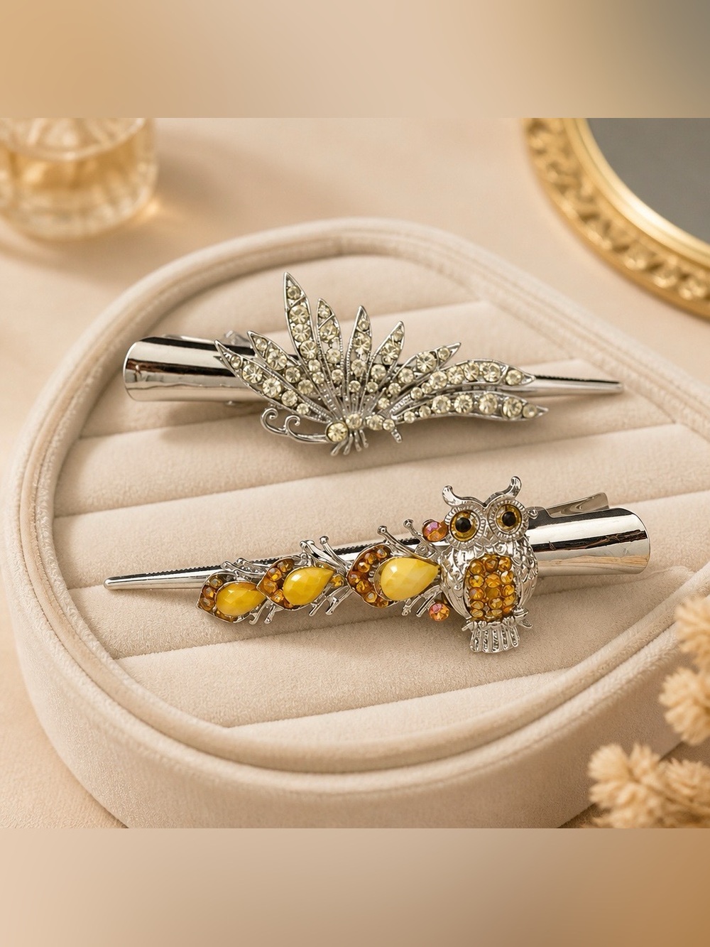 2 Silver-tone Crystal Hair Clamps Owl & Dragonfly Motif
